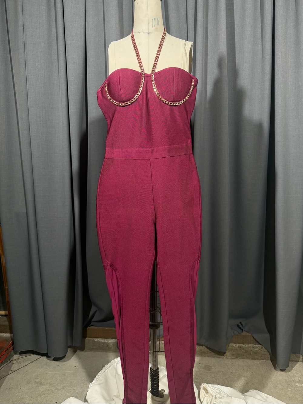 Women’s Strapless Chain-Detail Jumpsuit in Berry